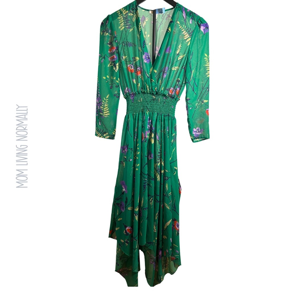 Maje Green Long Sleeve Floral Print Asymmetrical Lined  Dress